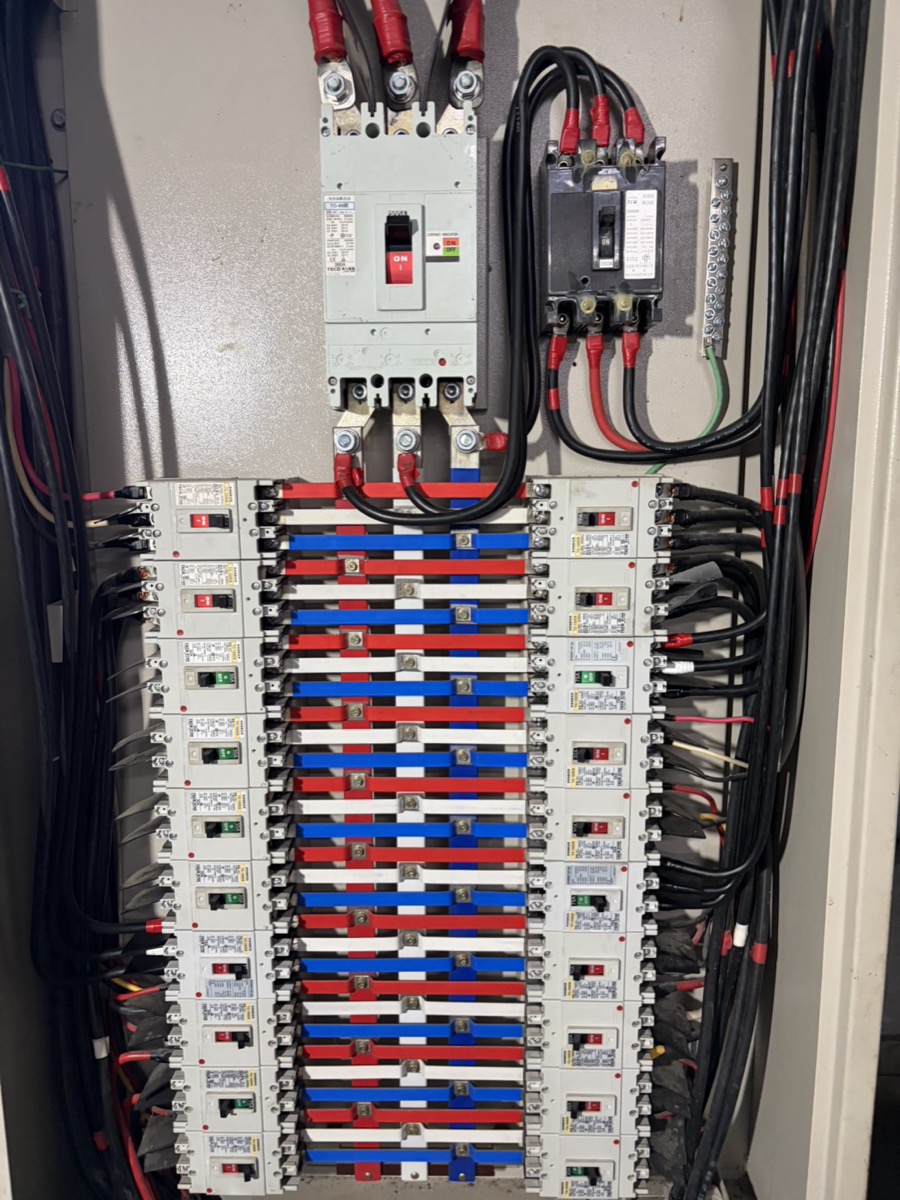 工廠電力配置施工現場:工業級大型動力盤內部,三相主無熔絲開關串接超過 20 組紅藍分支斷路器,主進線、各支路導線整齊配置。