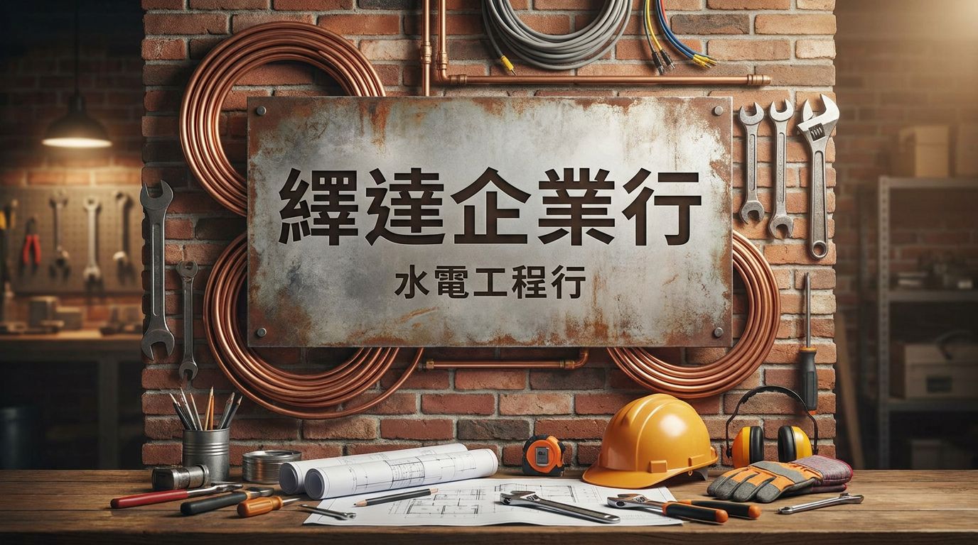 繹達企業行工作場景：磚牆前掛著金屬招牌「繹達企業行 水電工程行」，搭配銅製水管、扳手、安全帽、藍圖等水電工程工具，呈現專業職人形象。