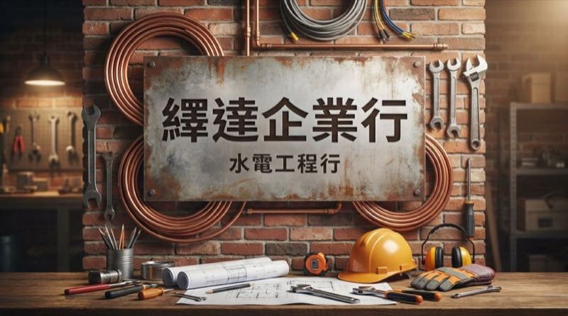 繹達企業行工作場景:磚牆前掛著金屬招牌「繹達企業行 水電工程行」,搭配銅製水管、扳手、安全帽、藍圖等水電工程工具,呈現專業職人形象。